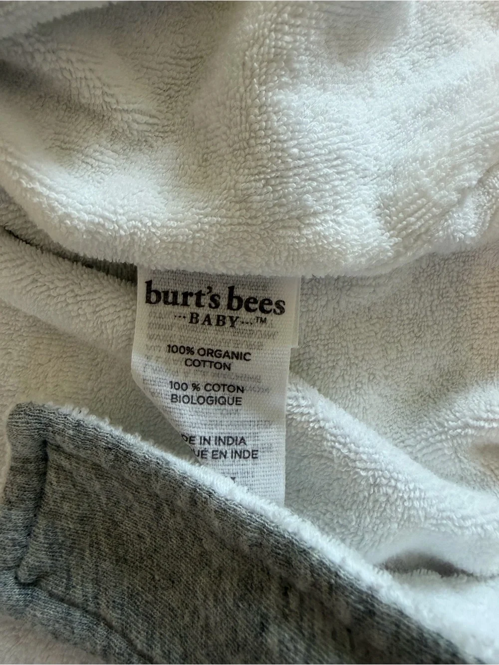 NWOT- Burt's Bees Baby Gray Hooded Bathrobe with White Lining, 0-9M